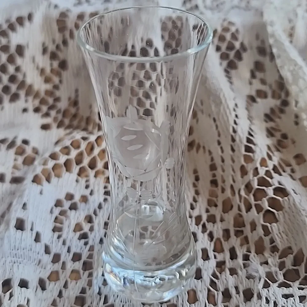 Vintage Floral Etched Glass Small Handled Bud Vase - Picture 2 of 8